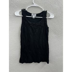 Loft Womens Tank Top Size XXS Black Linen Blend Floral Neckline